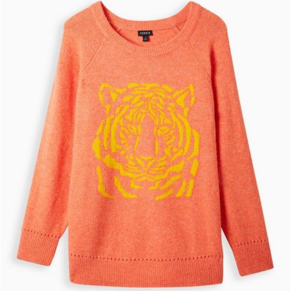 Torrid Coral Tiger Print Vegan Cashmere Pullover Raglan Sweater Size Large (12)